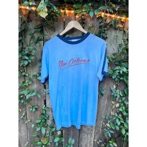 Vintage 70s 80s Light Blue Soft Thin New Orleans Ringer tee with contrast cuff M